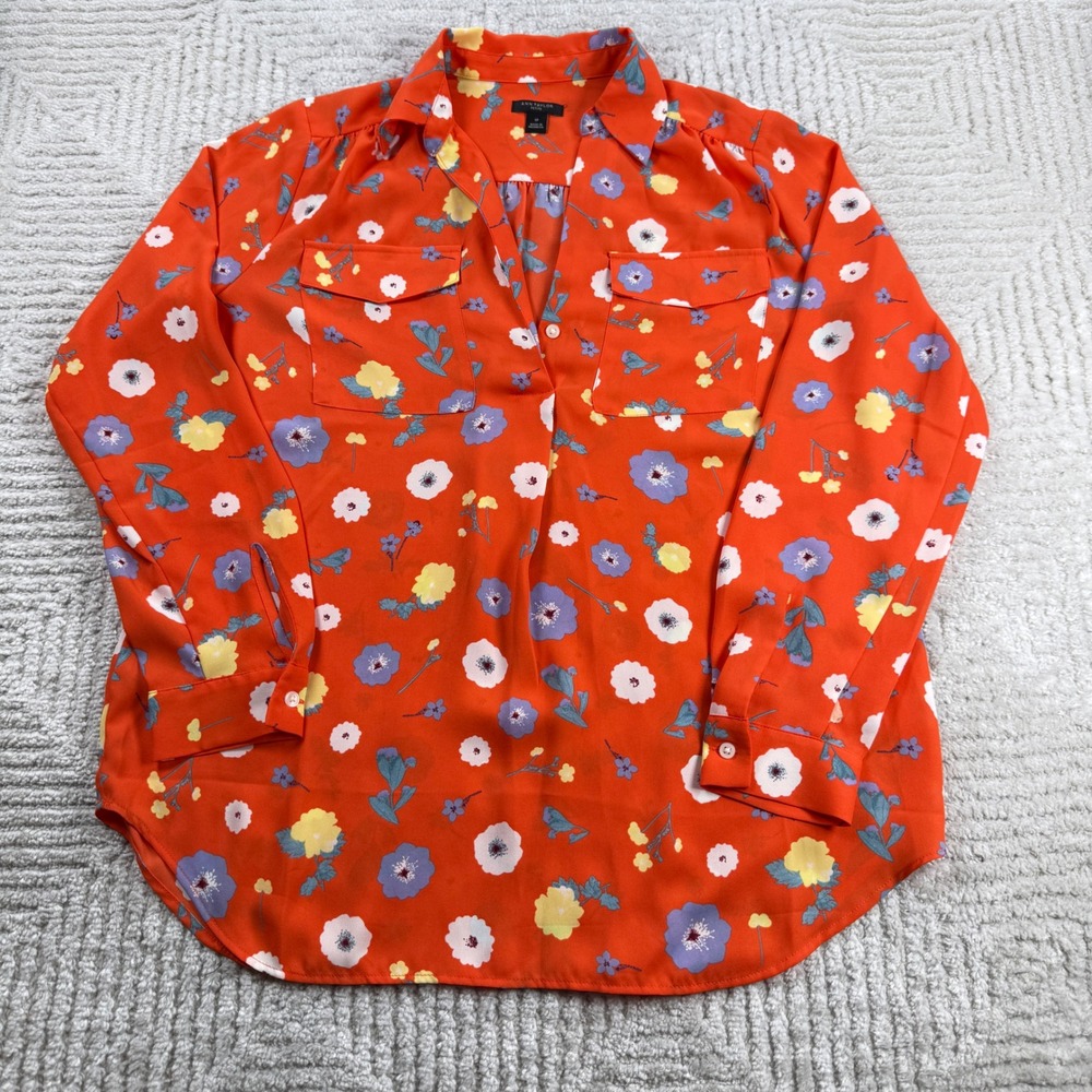 Ann Taylor Blouse Women S Petite Orange Floral Work Cottagecore Botanical Preppy